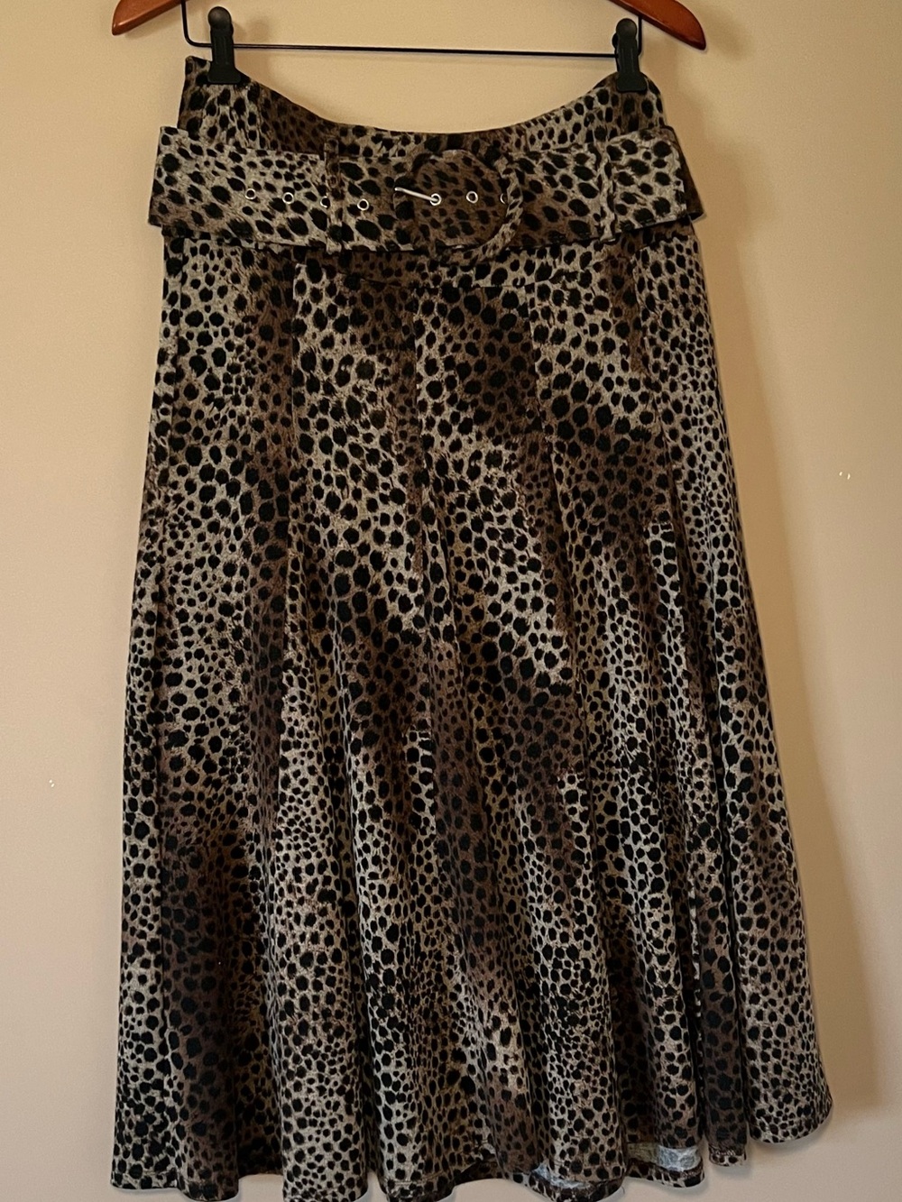 Lapis Leopard Print A-Line Midi Skirt with Buckle Belt in Brown and Black